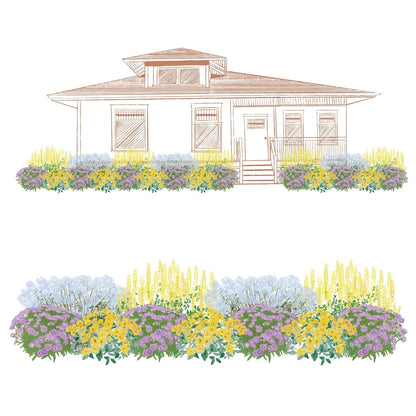 Illustration of a house with a landscaped garden using the EZ Scapes™ Native Roots in the Southeast Garden Kit, featuring symmetrical clusters of yellow, purple, and light blue blooms along the house base and in a front-facing view. - Photo Courtesy of Walters Gardens, Inc.