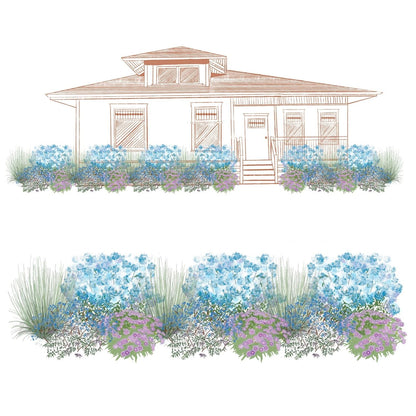 EZ Scapes™ No Thank You Deer #2 Garden Kit: Illustration of a house with a front yard garden featuring clusters of blue and purple flowering plants, green grasses, and shrubs in a lush, layered landscape. - Photo Courtesy of Walters Gardens, Inc.