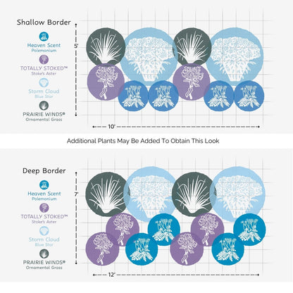 Diagram showing two garden layouts—a 5x10 shallow border and a 7x12 deep border—using the EZ Scapes™ No Thank You Deer #2 Garden Kit, with overlapping circles for Heaven Scent, Totally Stoked, Storm Cloud, and Prairie Winds. - Photo Courtesy of Walters Gardens, Inc.