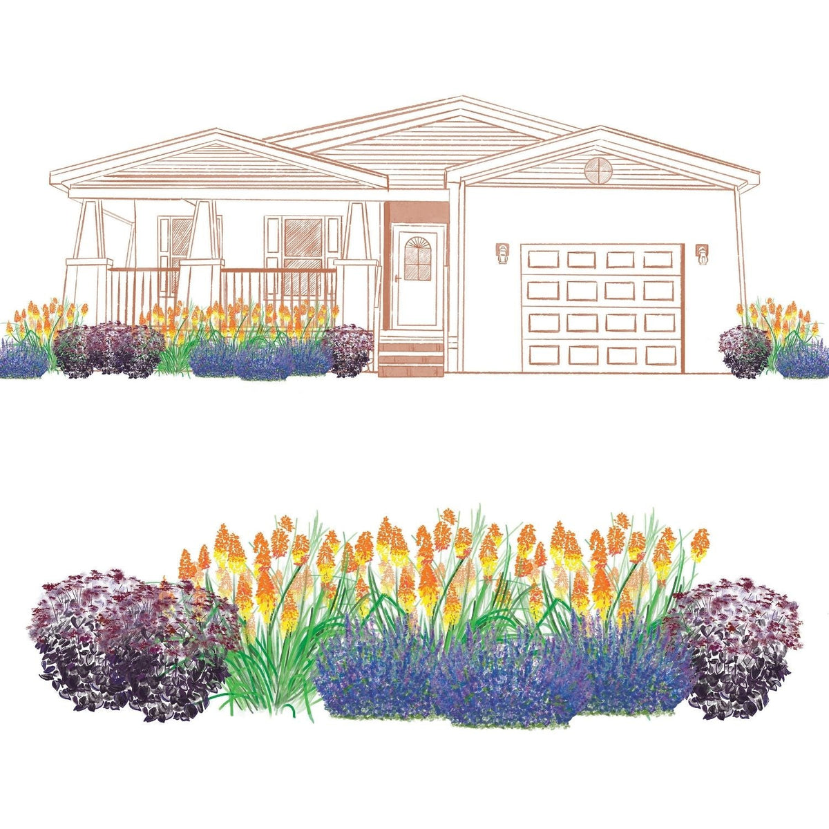 The EZ Scapes™ Pollinator for the South #1 Garden Kit creates a vibrant landscape with tall orange flowers, green grasses, purple and blue shrubs, and yellow blooms around your porch, garage, and as a border. - Photo Courtesy of Walters Gardens, Inc.