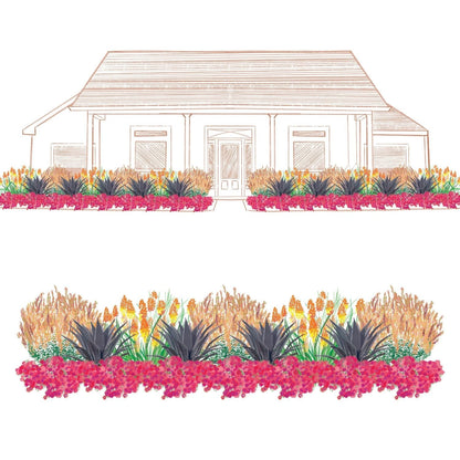Illustration of a house with garden beds featuring pink flowers, green plants, and orange grass - Photo Courtesy of Walters Gardens, Inc.