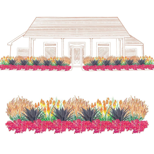 Illustration of a house with garden beds featuring pink flowers, green plants, and orange grass - Photo Courtesy of Walters Gardens, Inc.