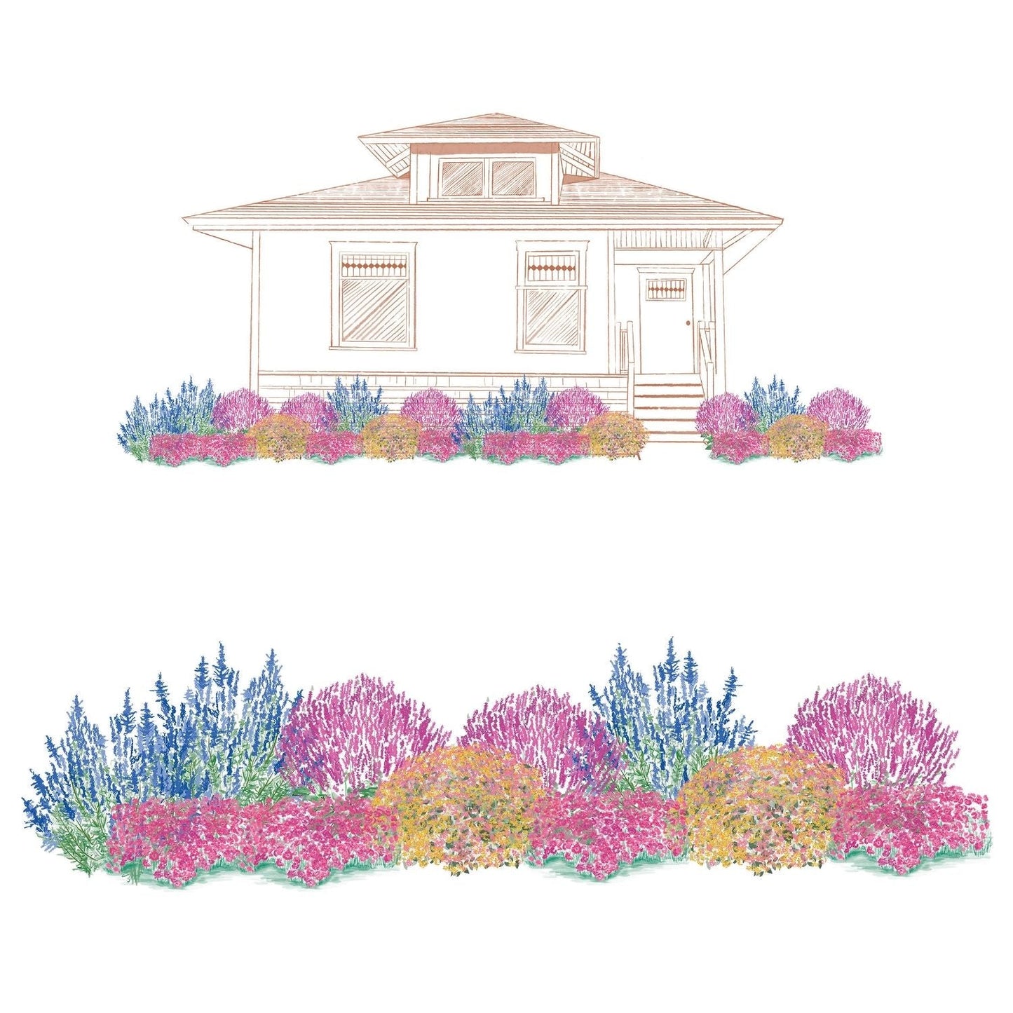 Illustration of a house with a vibrant pollinator garden of pink, purple, blue, and yellow sun-loving perennials from the EZ Scapes™ Pollinator Sunscape #1 Garden Kit; a close-up of the kit appears below the garden. - Photo Courtesy of Walters Gardens, Inc.