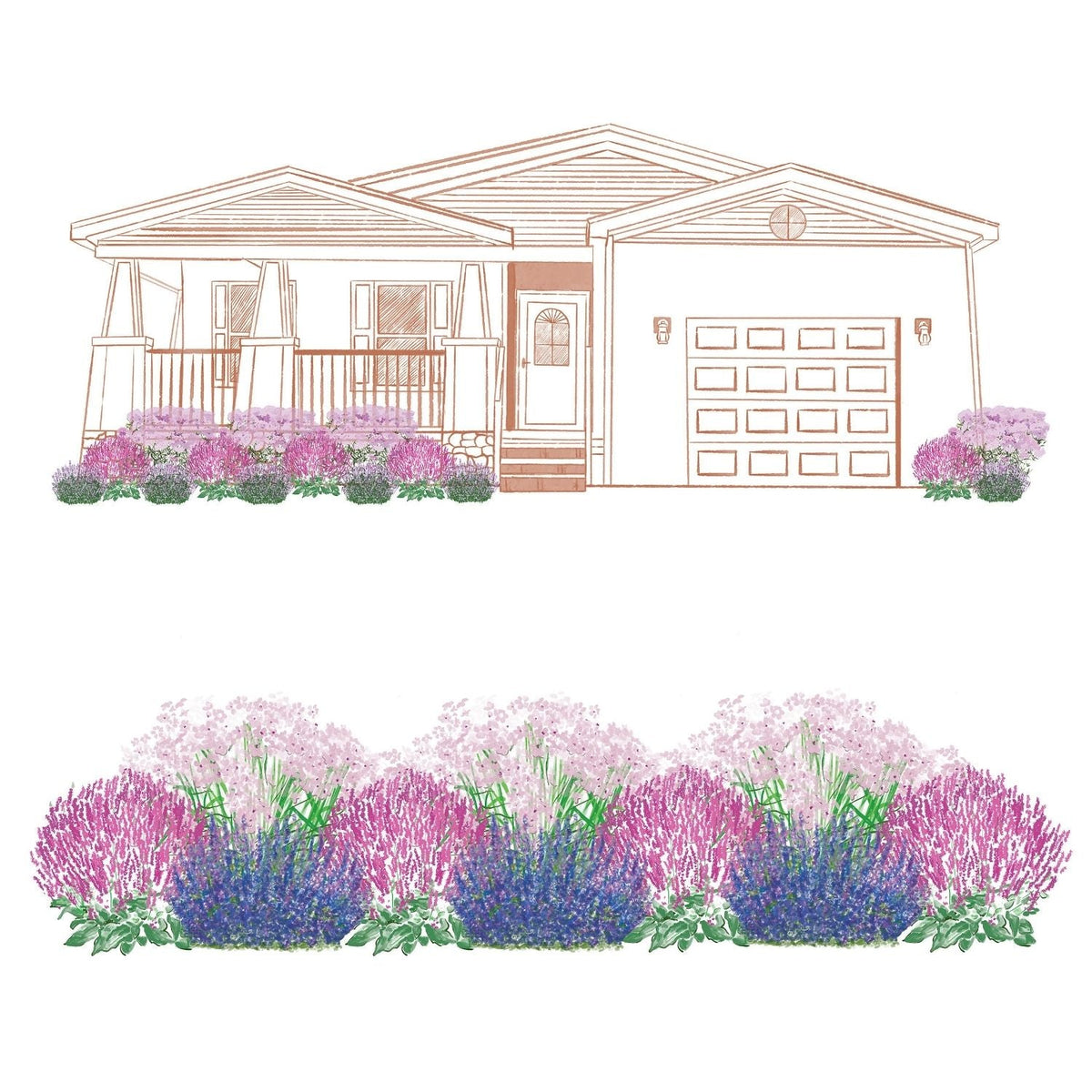 The EZ Scapes™ Pollinator Sunscape #4 Garden Kit creates colorful flower beds with purple, pink, and blue blooms, enhancing the front of a single-story house with a porch and garage. - Photo Courtesy of Walters Gardens, Inc.