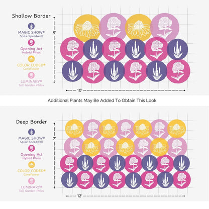 EZ Scapes™  Pollinator Sunscape #5 Garden Kit: Two garden border designs shallow (10x5) and deep (12x6) featuring flower icons for yellow, purple, and pink blooms, all labeled with species and color codes. - Photo Courtesy of Walters Gardens, Inc.