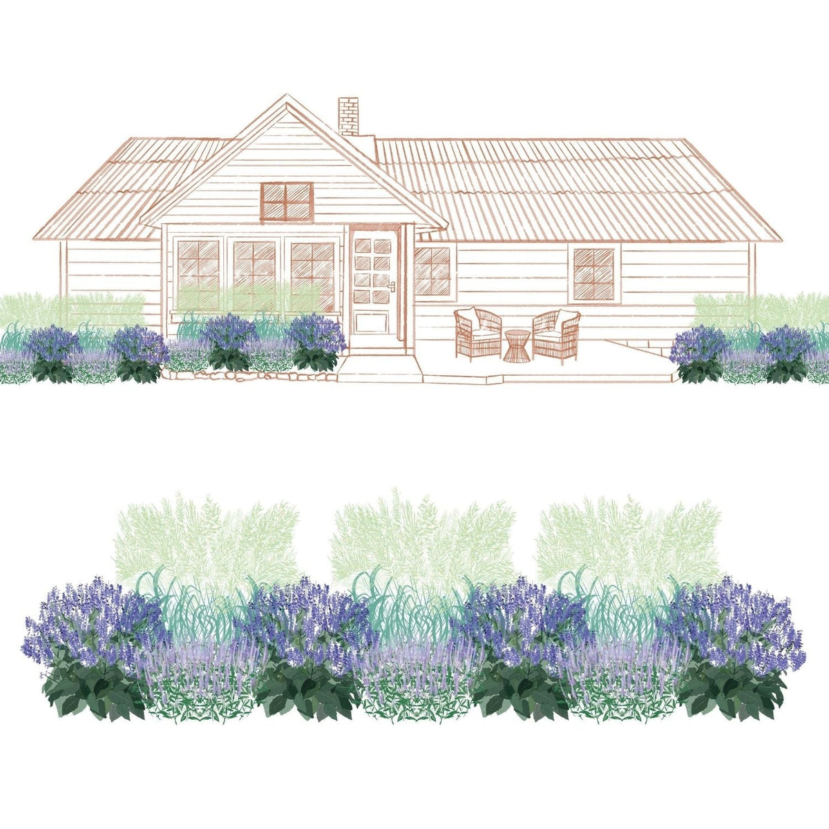 Illustration of a house with landscaped front yard using the EZ Scapes™ Salty Garden Spaces Garden Kit, featuring green shrubs, purple flowering plants, leafy ground cover, and two chairs on the porch. Planting arrangement details shown below. - Photo Courtesy of Walters Gardens, Inc.