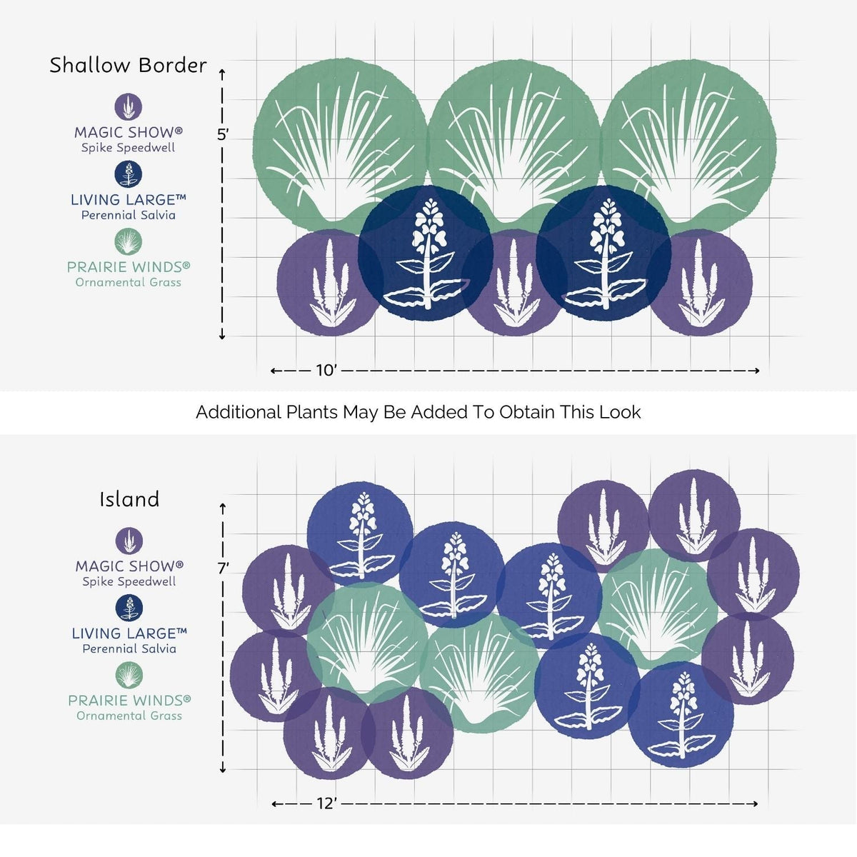 Diagram of two garden layouts—a 5 x 7 shallow border and a 12 x 7 island—using the EZ Scapes™ Salty Garden Spaces Kit’s three plants in overlapping circles for design ideas. - Photo Courtesy of Walters Gardens, Inc.