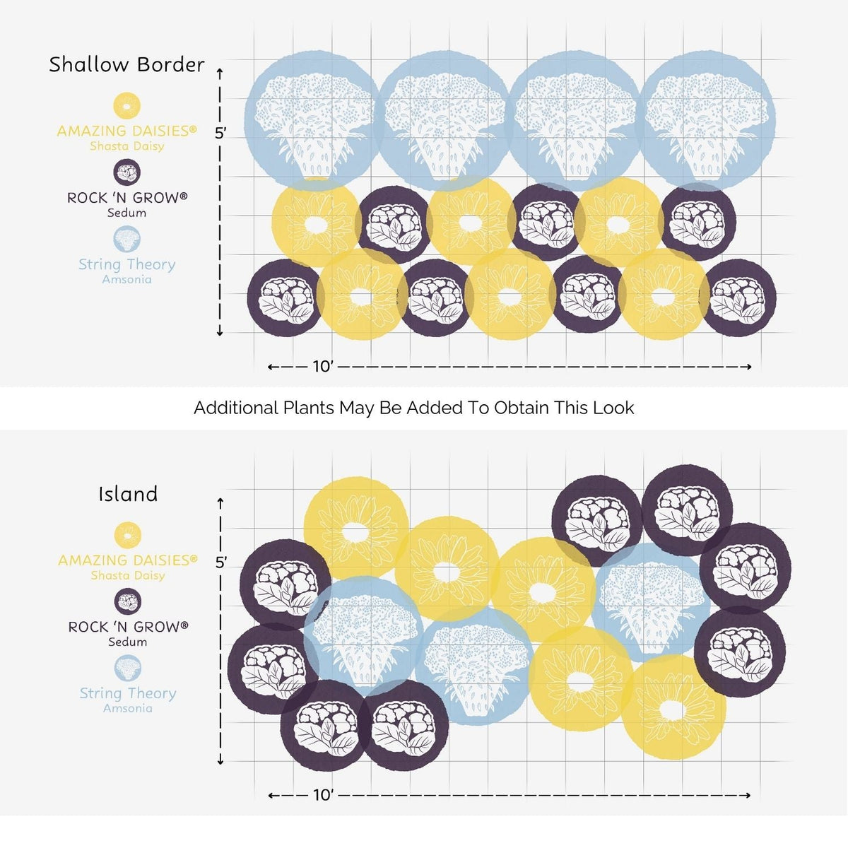 Diagram showing two EZ Scapes™ Season Long Interest #1 Garden Kit layouts—Shallow Border and Island—with three plant types (yellow, blue, purple circles) in 5x10 grids of perennial flowers for pollinator-friendly placement. - Photo Courtesy of Walters Gardens, Inc.