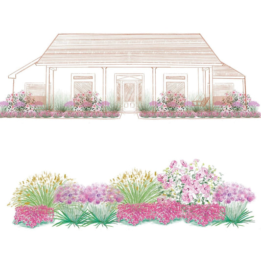 A hand-drawn illustration shows the EZ Scapes™ Sun-Loving & Deer Resistant #1 Garden Kit: a house with vibrant, deer-resistant, sun-loving flowers and pollinator-friendly plants in front, featuring both a front view and a close-up of the landscaping. - Photo Courtesy of Walters Gardens, Inc.