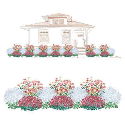 Illustration of a house with a front yard garden bed featuring clusters of colorful, sun-loving, deer-resistant flowering shrubs from the EZ Scapes™ Sun-Loving & Deer Resistant #3 Garden Kit, arranged symmetrically by the porch and windows. - Photo Courtesy of Walters Gardens, Inc.
