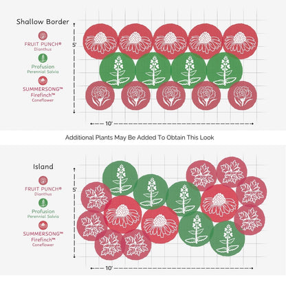 Two planting diagrams show layouts for the EZ Scapes™ Sun-Loving & Deer Resistant #3 Garden Kit, using circles to represent three plants: Dianthus (red), Perennial Salvia (pink), and Coneflower (green) on 10x5 or 10x10 grids. - Photo Courtesy of Walters Gardens, Inc.
