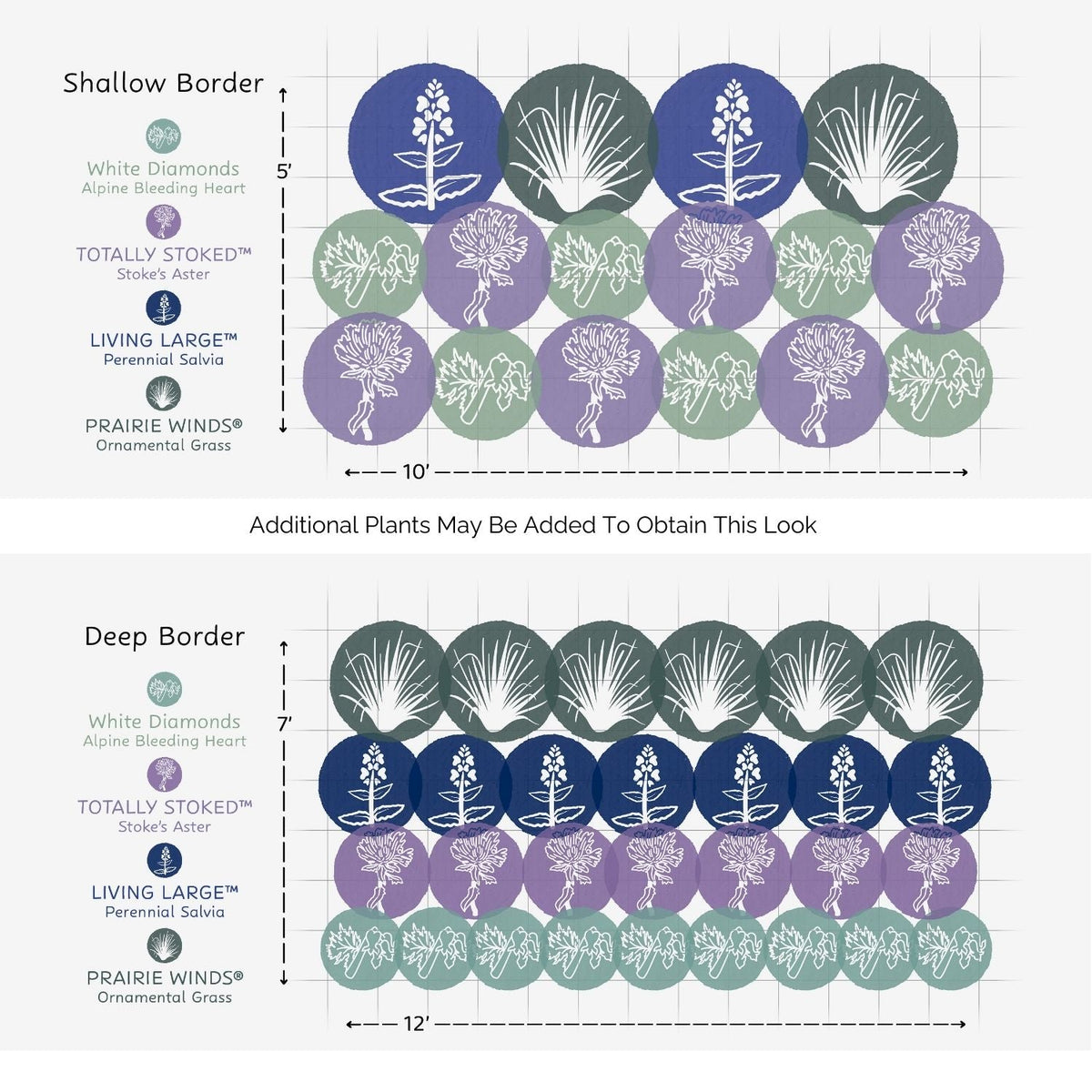 Diagram showing plant layouts for two borders using the EZ Scapes™ Sun-Loving & Deer Resistant #4 Garden Kit, with alternating rows of four plant types in blue, purple, green, and white, labeled with names and height guides. - Photo Courtesy of Walters Gardens, Inc.