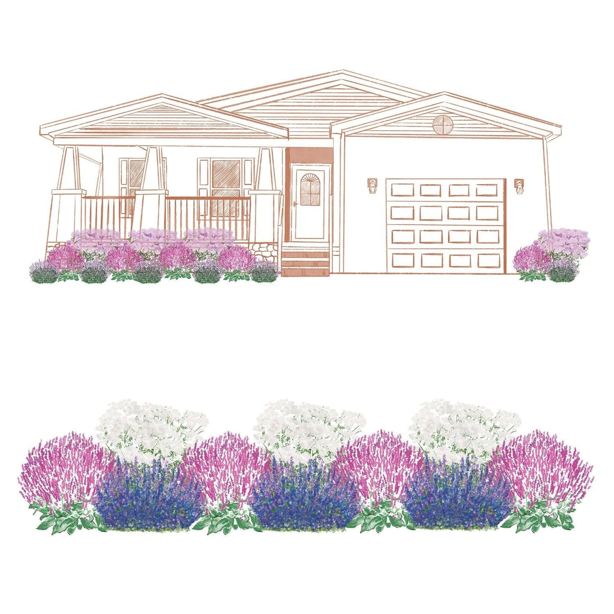 Outline of a house with pink and white flowers in front on a white background - Photo Courtesy of Walters Gardens, Inc.