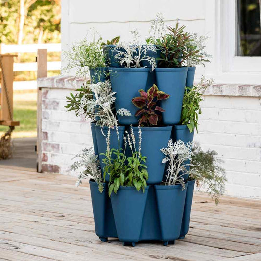 3 Tier Greenstalk Planter in Dark Blue with plants
