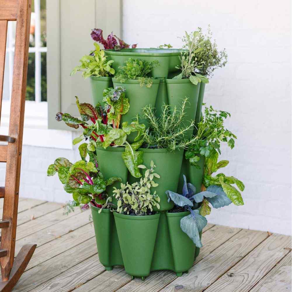 3 Tier Greenstalk Planter in Dark Green with plants - 