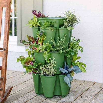 3 Tier Greenstalk Planter in Dark Green with plants - 