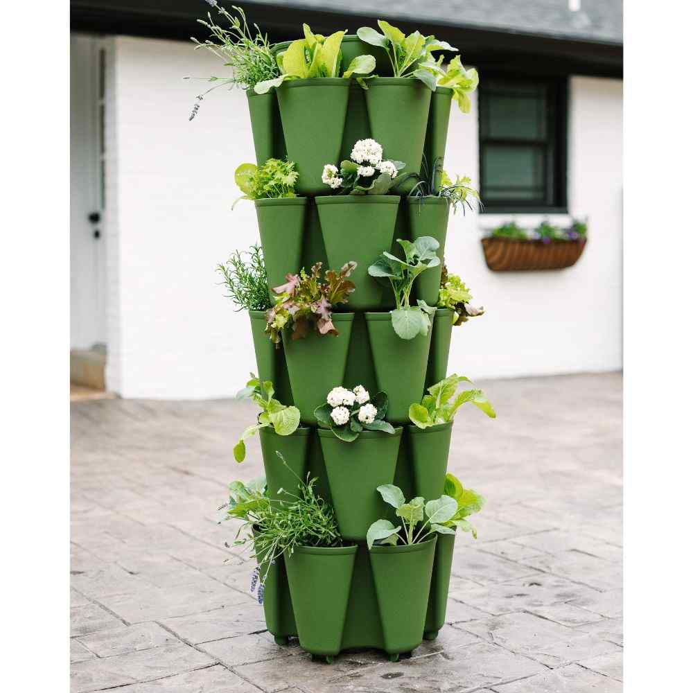 5 Tier Greenstalk Planter in Dark Green with plants - 