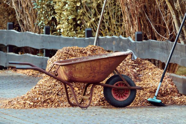Wheel barrow next  to a pile of mulch